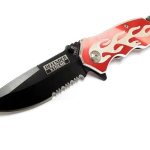 4.75" Flame Design Red Handle Black Blade Knife