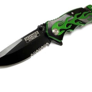 4.75" Flame Design Green Handle Black Blade Knife