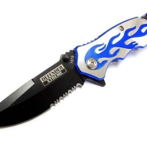 4.75" Flame Design Blue Handle Black Blade Knife