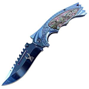 TheBoneEdge 8.5" Spring Assisted Knife with Ridged Top Edge Blue