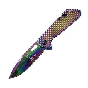 8.5" TheBoneEdge Spring Assisted Folding Knife Rainbow With Belt