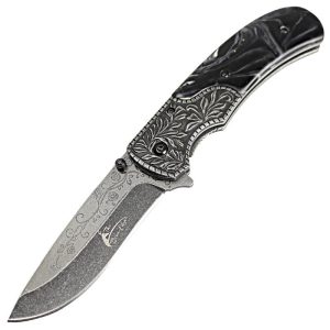 TheBoneEdge 8.5" Pearl Blk Handle Stone Wash Blade Spring Assist
