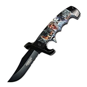 Defender-Xtreme 9" Indian Tribe & Wolves Spring Assisted Folding
