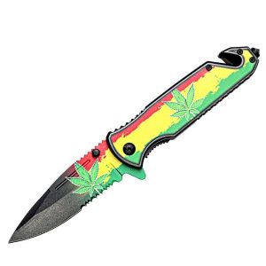 8" Green Leaves Design Spring Assisted Folding Knife W/ Belt Cut