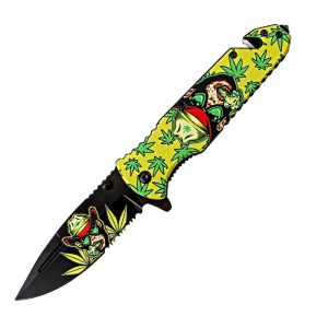 8.5" Monkey Design Yellow Handle Spring Assisted Folding Knife W