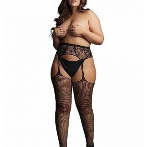 Shots Fishnet And Lace Garterbelt Stockings Queen - Black