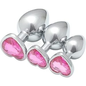 Ouch! Heart Gem Metal Butt Plug Small Silver Rubellite Pink